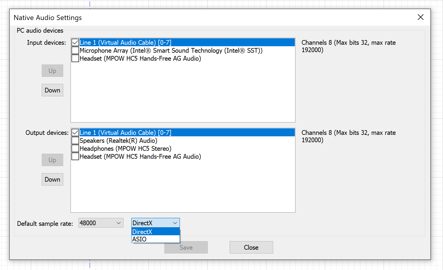 The Native Audio Settings menu, showing the DirectX - ASIO dropdown selector. DirectX is currently selected, and multiple audio input and output devices are available.